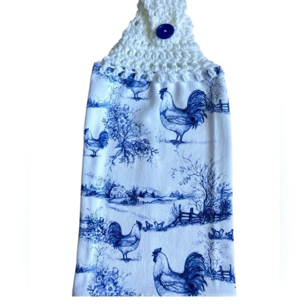 Hand Crafted Farmhouse Blue and White Hanging Rooster Kitchen Hand Towel